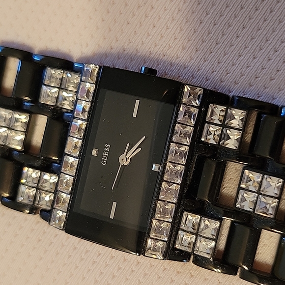 Guess black w/crystals 6.5in watch...Fits like bracelet - Picture 2 of 6